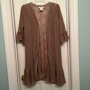 Brown knit and lace cardigan duster